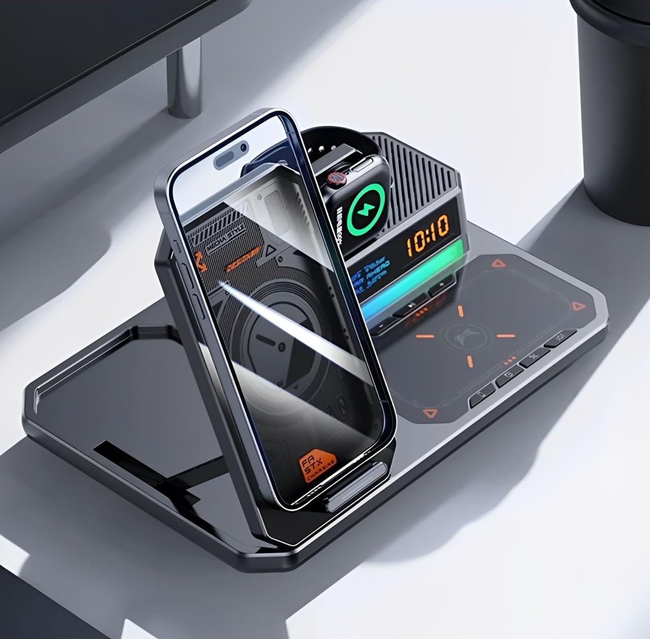 T50/ 6-in-1 Magnetic Wireless Charging Stand with Clock & Bluetooth Speaker - For Phone, Watch, and Earphones