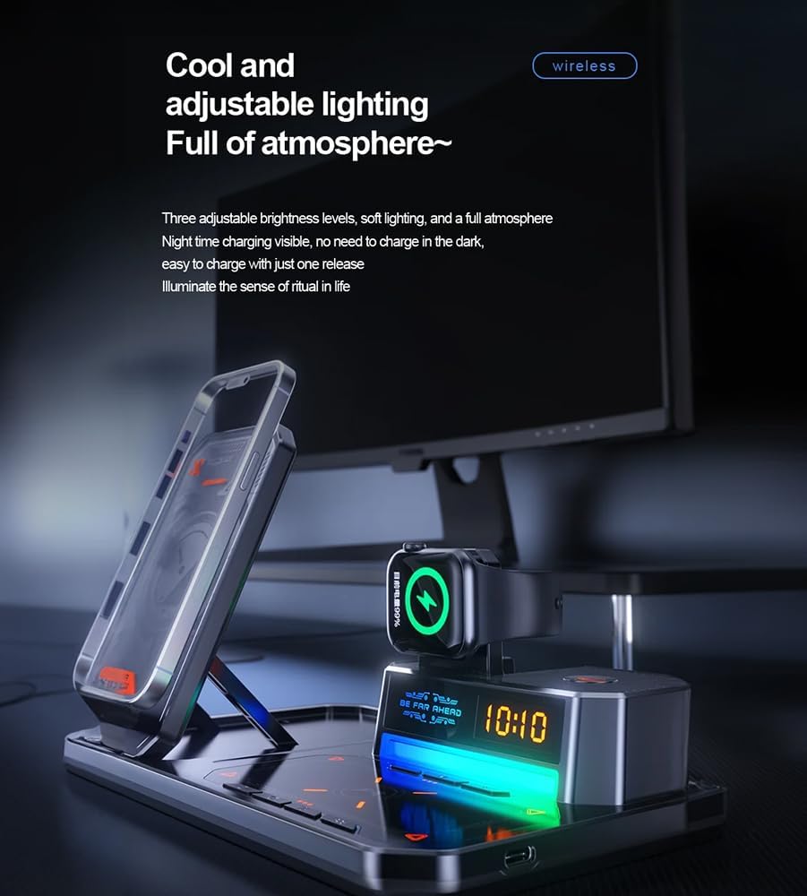 T50/ 6-in-1 Magnetic Wireless Charging Stand with Clock & Bluetooth Speaker - For Phone, Watch, and Earphones