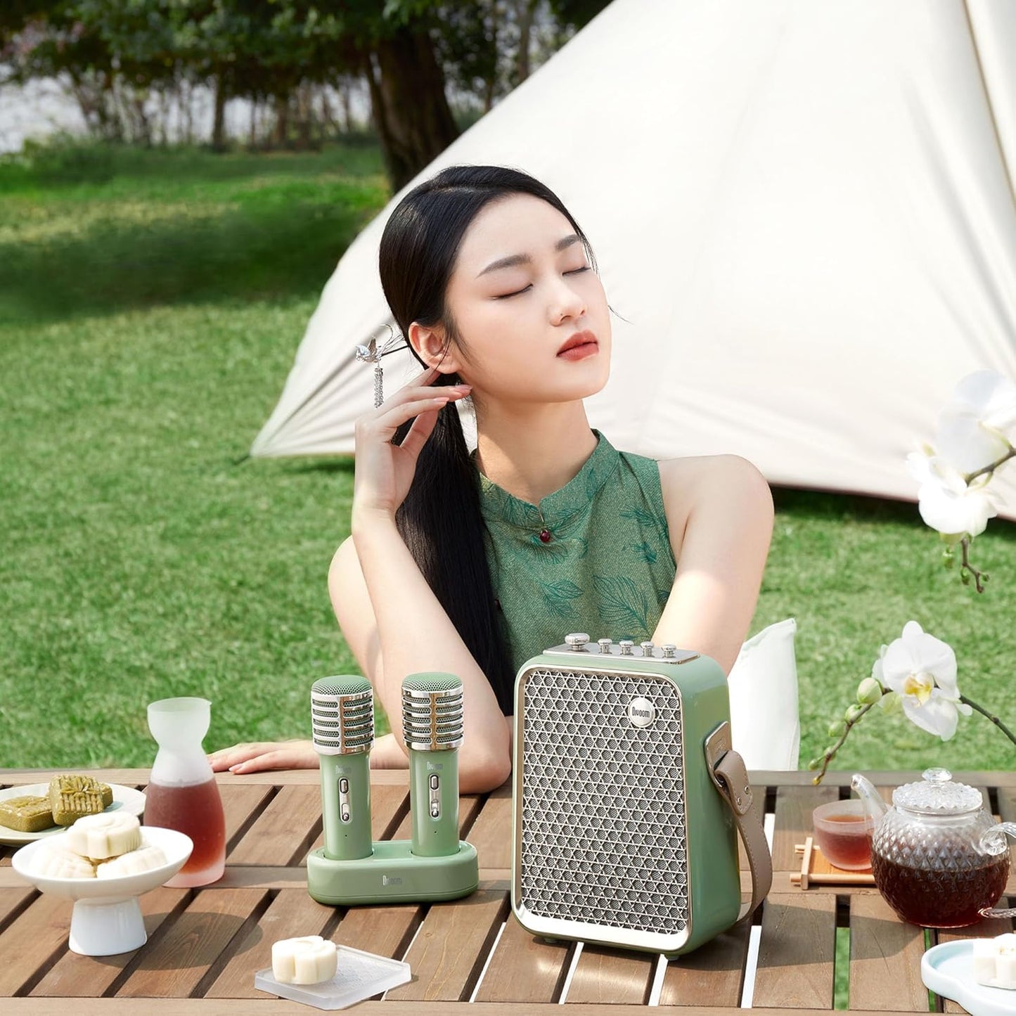 DIVOOM Songbird-HQ Portable Karaoke Speaker with Dual Wireless Microphones - Green
