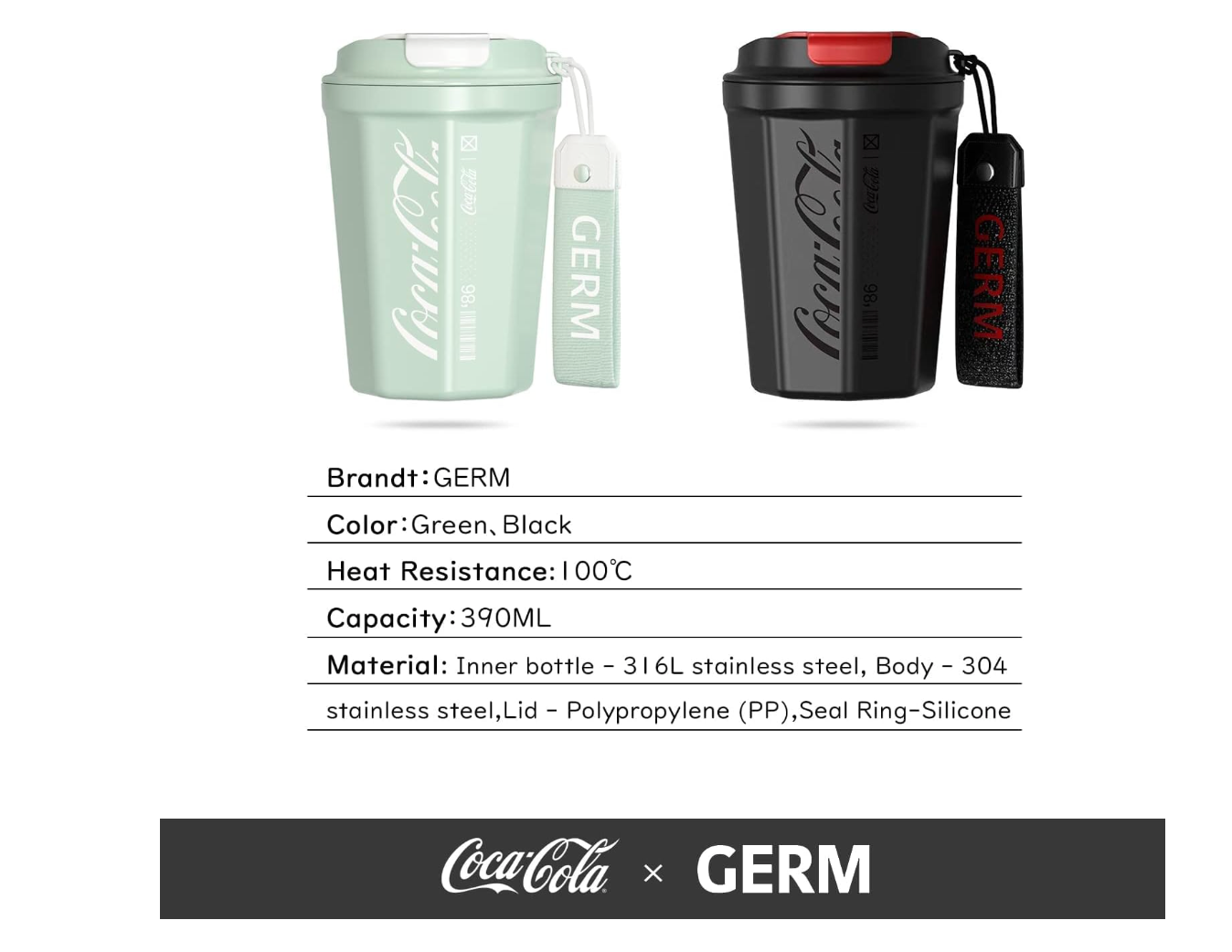 GERM x Coca Cola Insulated Tumbler Mug/Flask Hot & Cold - Black