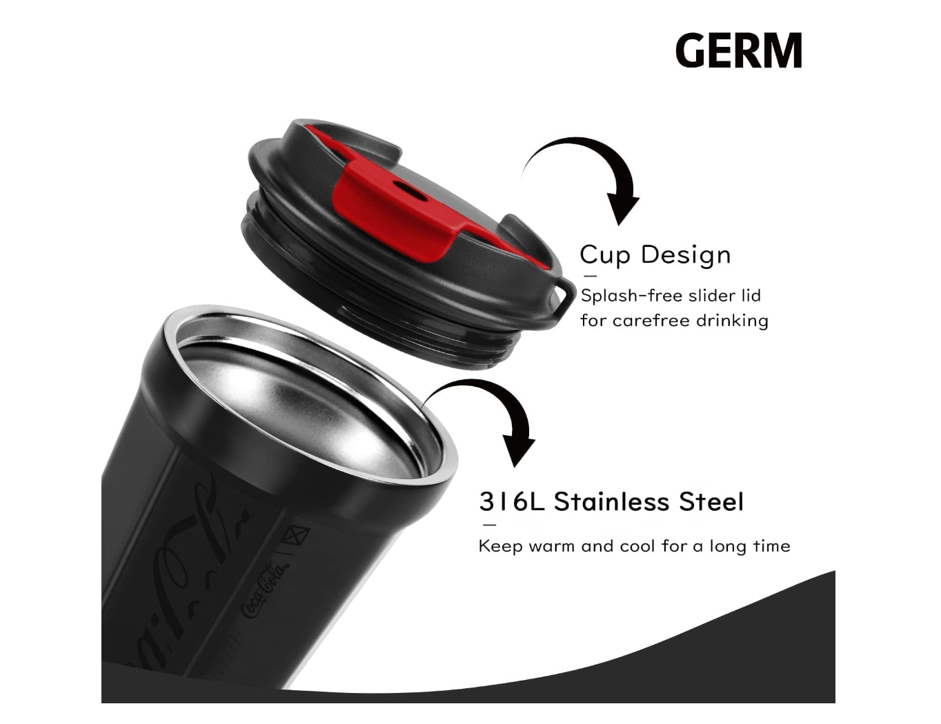 GERM x Coca Cola Insulated Tumbler Mug/Flask Hot & Cold - Black