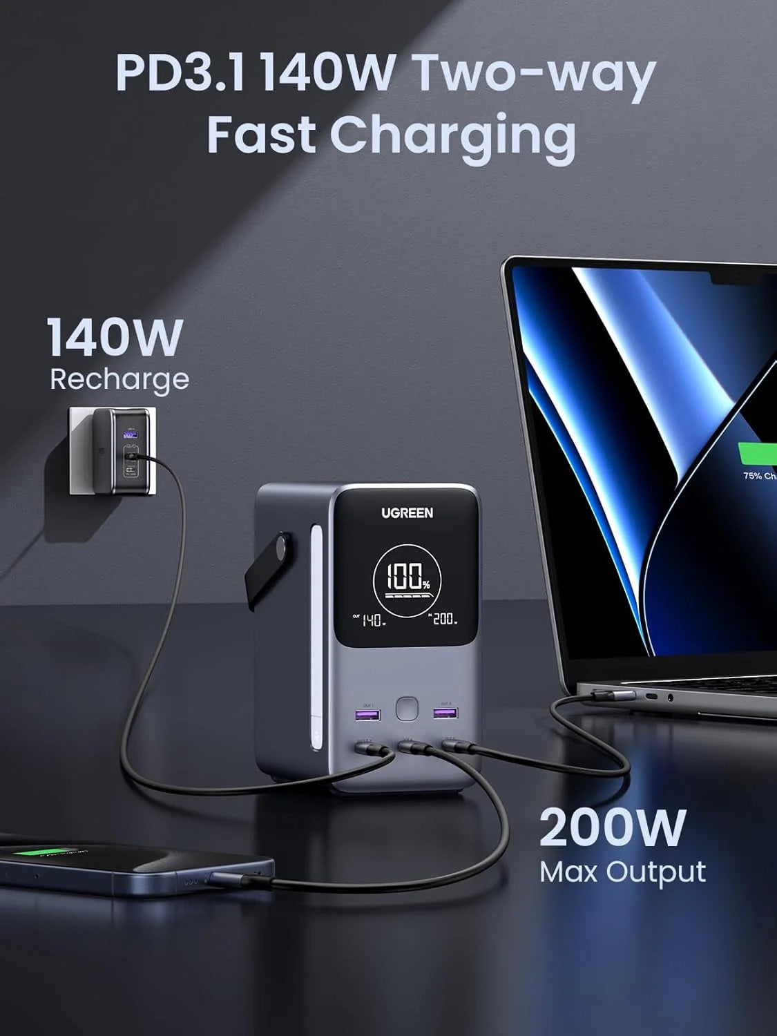 UGREEN 300W 48000mAh Portable Charger Power Bank Smart Digital Display Lighting SOS 153Wh 5 Port USB C Outdoor
