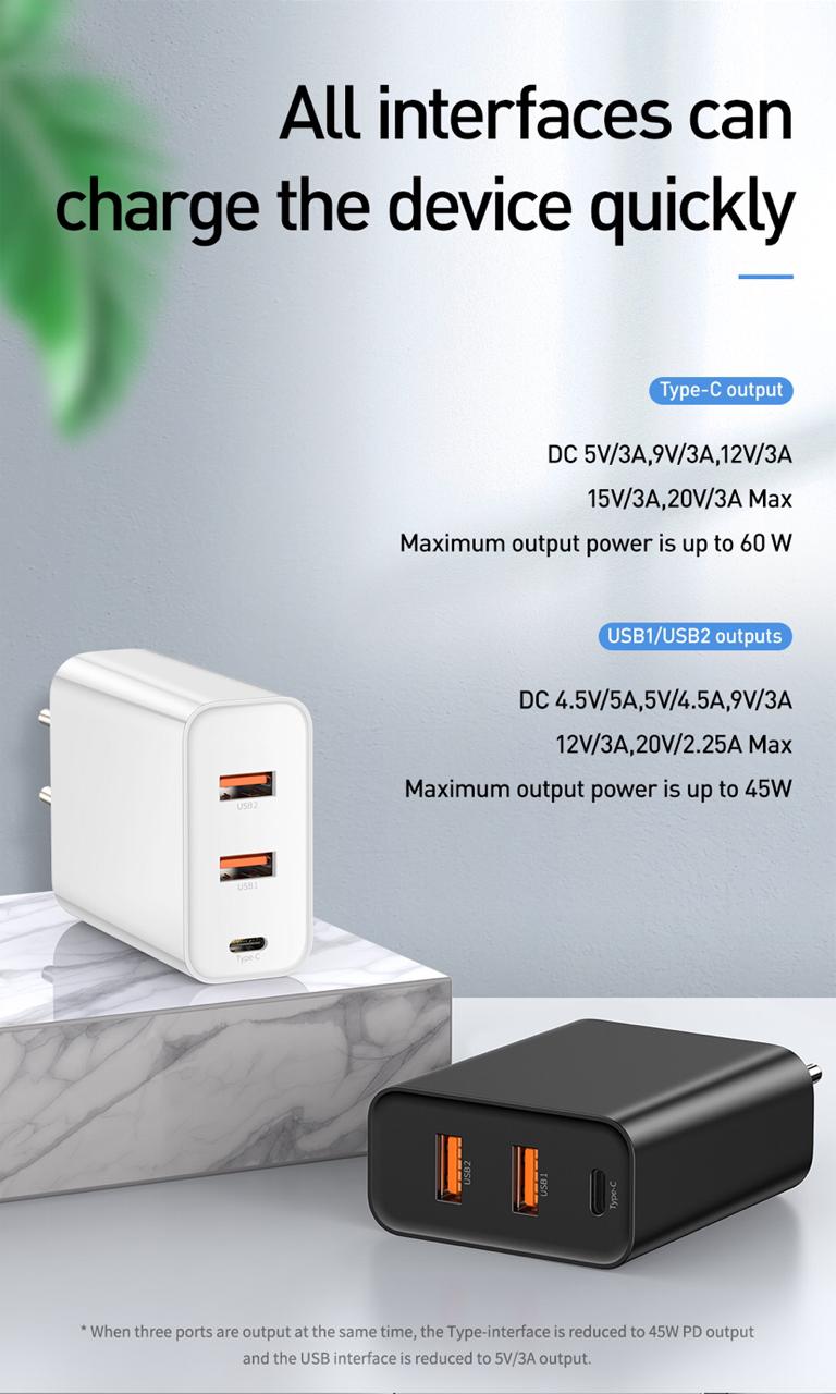 Baseus 60w PD Fast Charger with 3USB For Mobile/Tablet/PC  (QC4.0, QC3.0, Type C- PD )