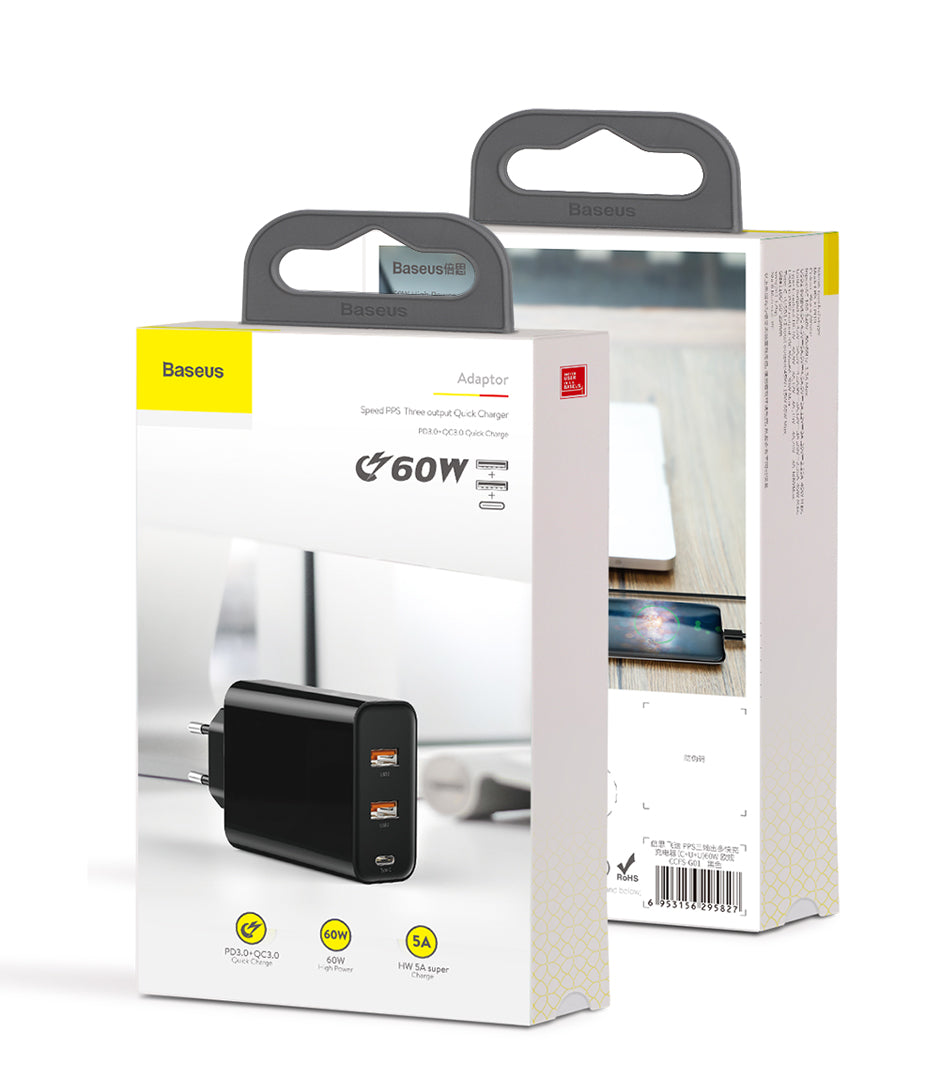 Baseus 60w PD Fast Charger with 3USB For Mobile/Tablet/PC  (QC4.0, QC3.0, Type C- PD )
