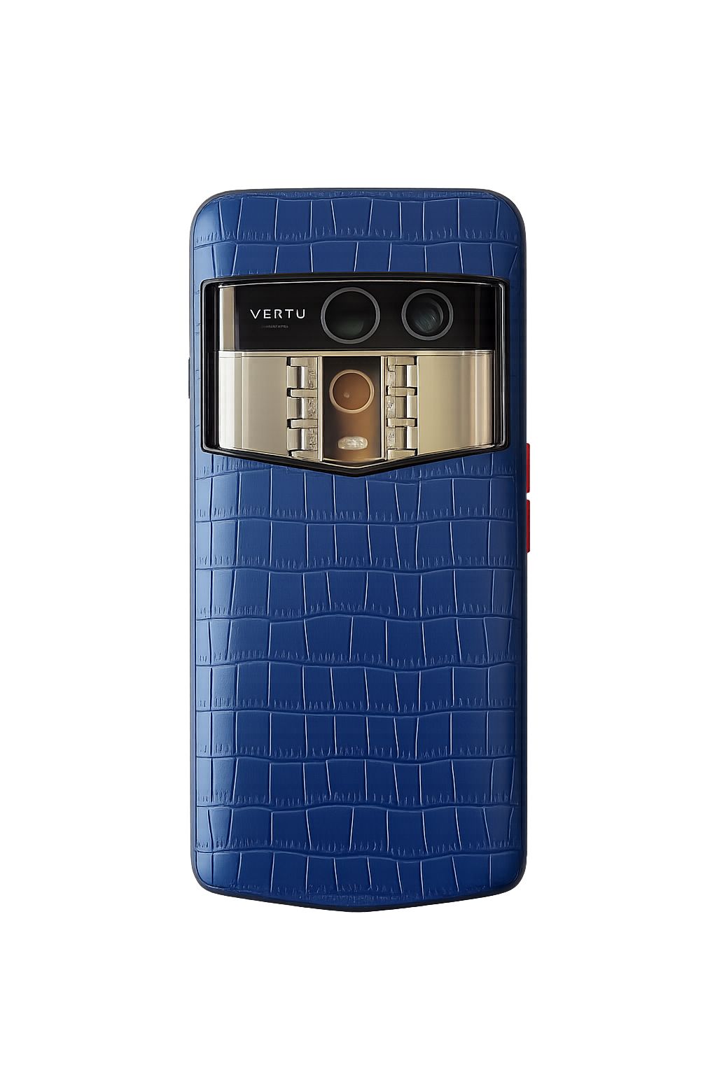 Blue crocodile-patterned phone case with 'Vertu' branding on a white background