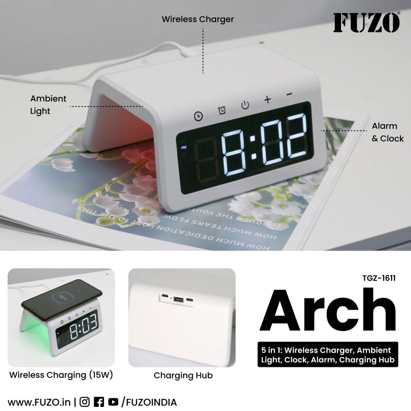 Fuzo ARCH  5 in 1 Wireless Charger, Ambient Light, Large Display Clock, Alarm, Charging Hub