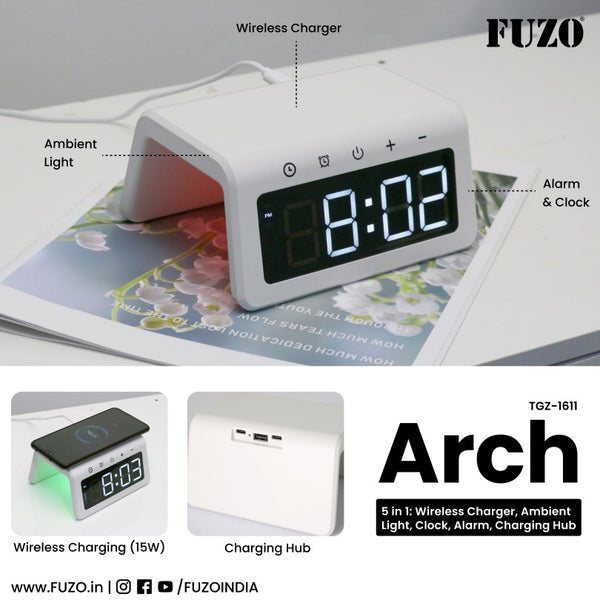 Fuzo ARCH 5 in 1 Wireless Charger, Ambient Light, Large Display Clock ...
