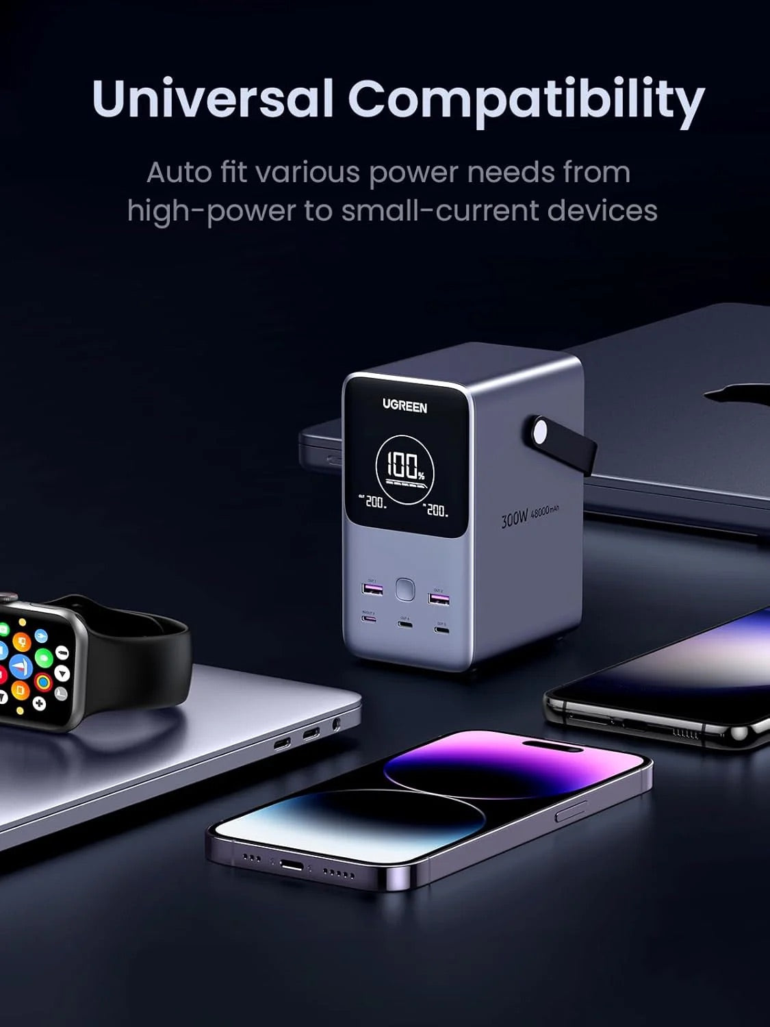 UGREEN 300W 48000mAh Portable Charger Power Bank Smart Digital Display Lighting SOS 153Wh 5 Port USB C Outdoor