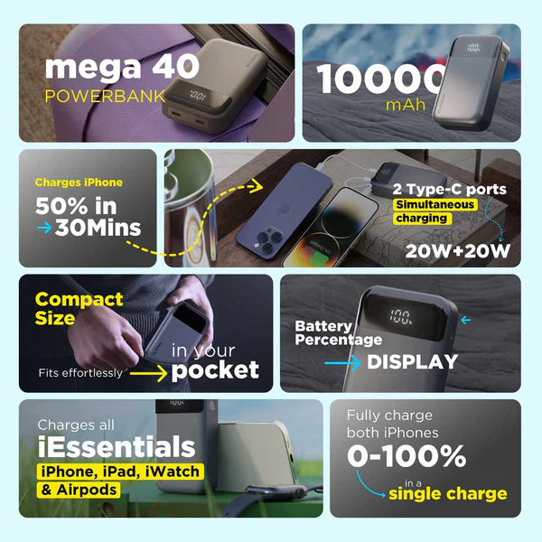 Stuftcool Mega 40W, 20W+20W Dual Type C port compact 10000mAh Powerbank